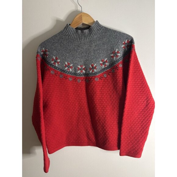 Pendleton Originals Women’s Lambs Wool Red Gray Snowflake Sweater Size Medium - Picture 1 of 9
